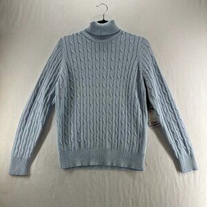 St. Johns Bay Turtleneck Sweater Size PL Cable Knit Pullover Stretch Skyway Blue
